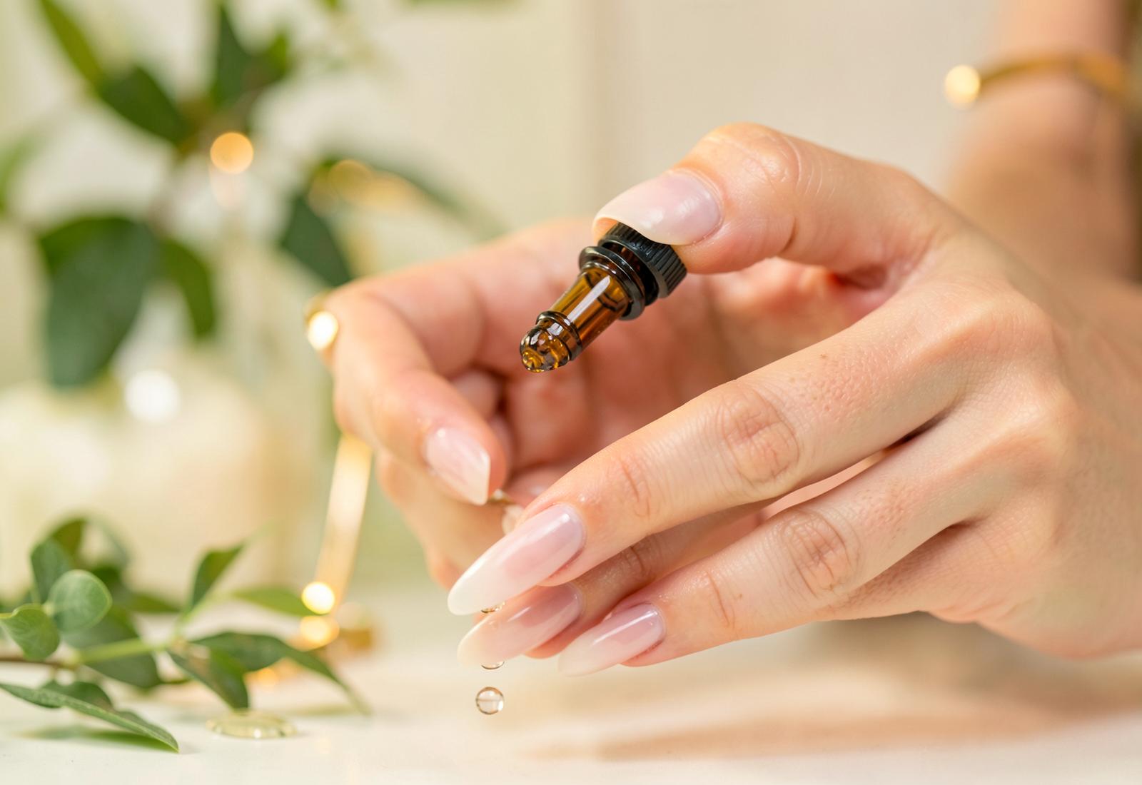 Close-up of healthy nails applying a dropper serum